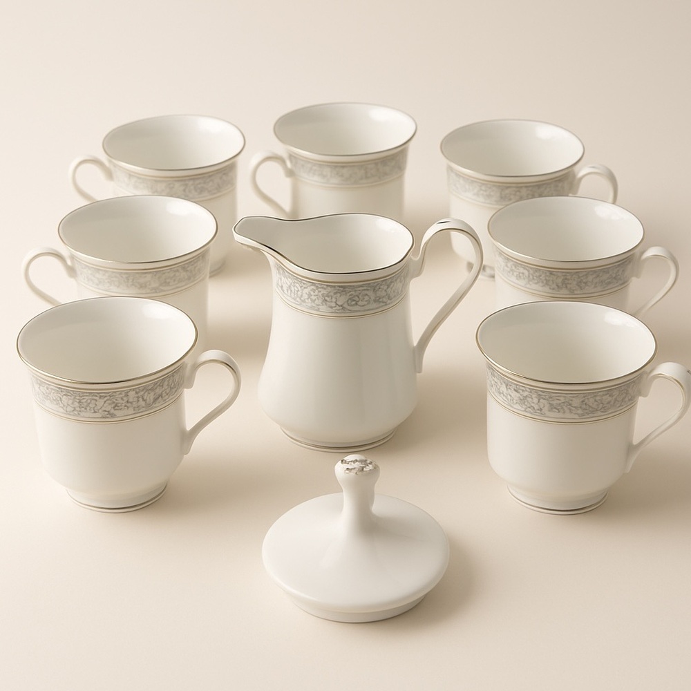 Crown Ming Fine China 10 Piece Tea Set Cups Creamer Lid